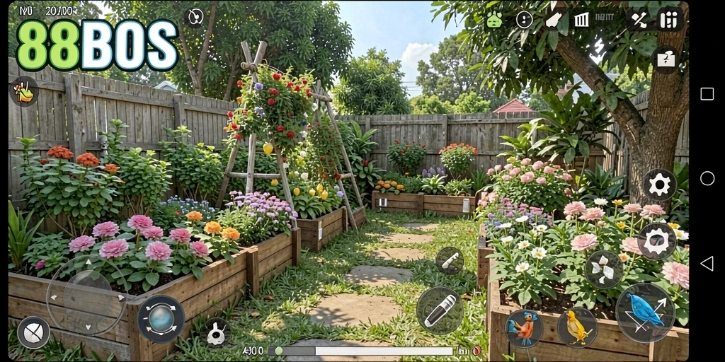 Screenshot utama 88BOS menampilkan pengalaman berkebun yang interaktif.