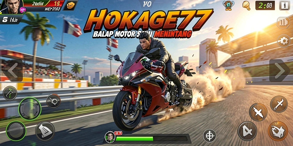 Tampilan gameplay seru di HOKAGE77 dengan balapan motor yang menegangkan.