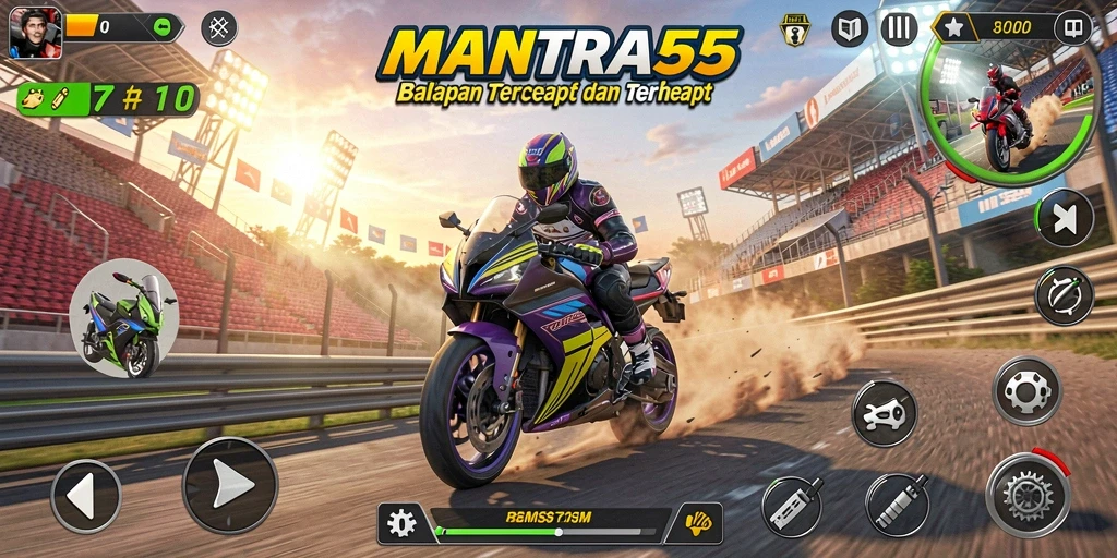 Gameplay seru MANTRA55 dengan balapan motor yang menegangkan.