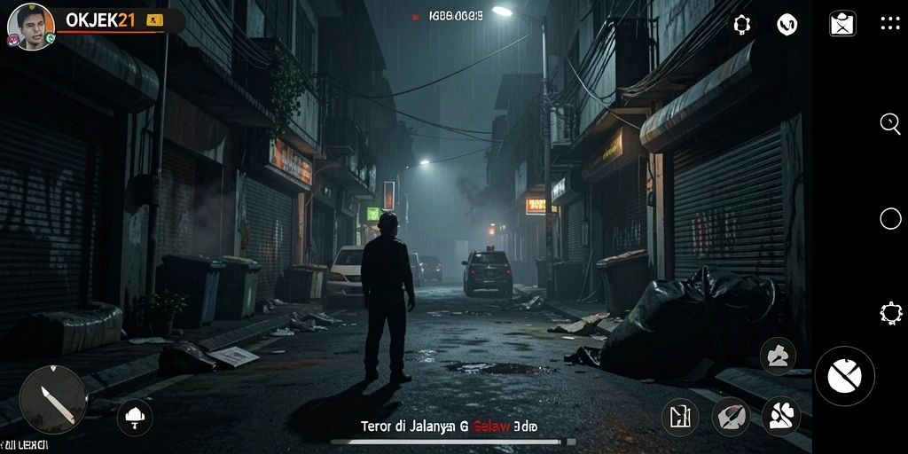 Screenshot gameplay OKJEK21 yang menampilkan suasana horor yang mencekam.