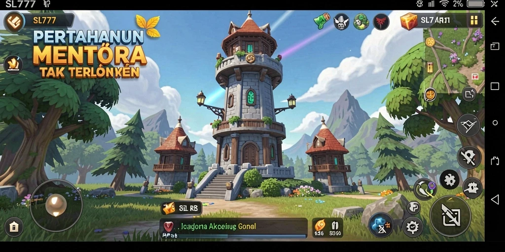 Screenshot utama SL777 menampilkan aksi intens dalam pertahanan menara.