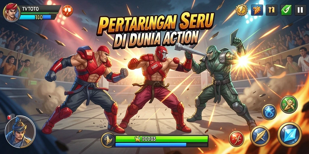 Screenshot TVTOTO menampilkan aksi seru dalam pertarungan karakter.