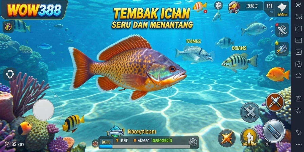 Tampilan gameplay seru dalam WOW388 saat menembak ikan.