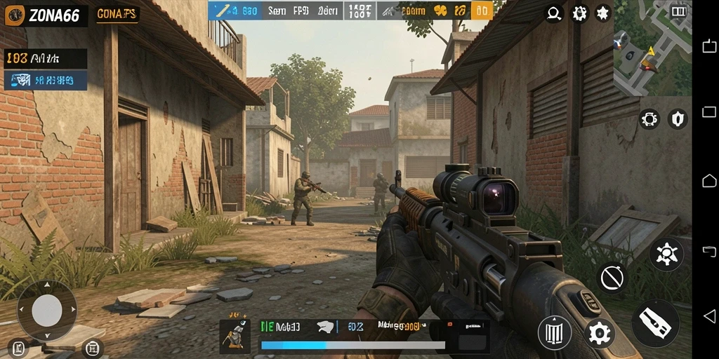 Screenshot ZONA66 menunjukkan pertempuran intens dalam gameplay FPS.